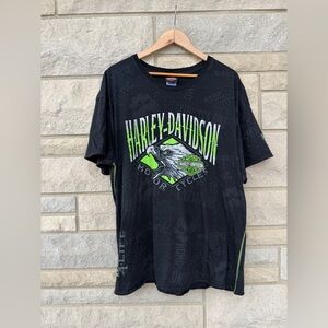 Harley Davidson Black with Green Design T Shirt Size 2XL Mens Y2K Grudge Skull
